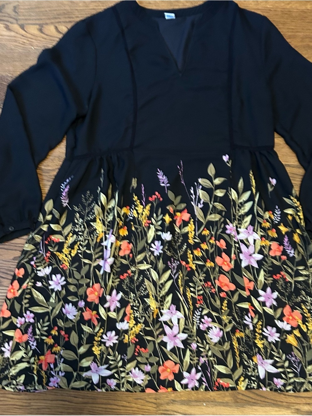 Sheer Black Floral Long Sleeve Swing Dress with Multicolor Blooms to be layered - Picture 3 of 8